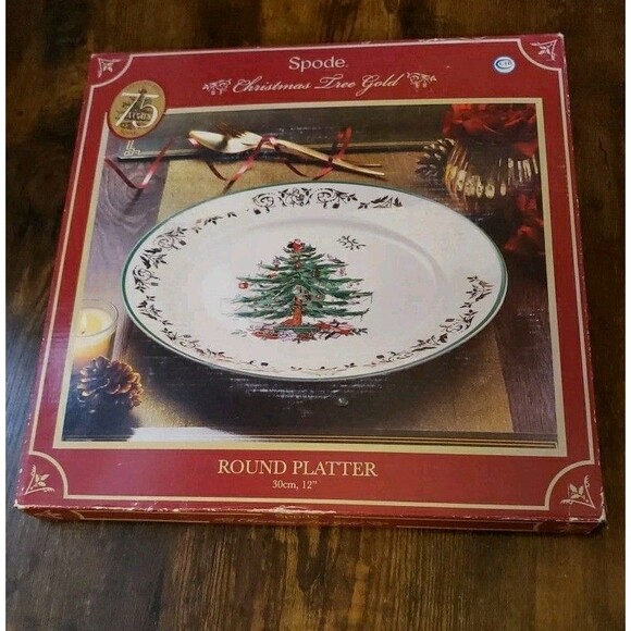 Spode Christmas Tree Gold 75th Anniversary Edition 12” Round Platter Macy's BOX - Picture 7 of 11